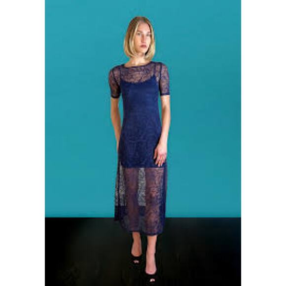 Only Hearts Go Ask Alice Lace Overlay Midi Dress Navy Blue Ink 70165 Stretch L - Picture 1 of 3